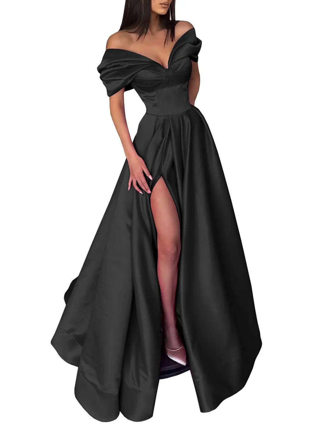 Elegant A-Line off-shoulder long prom dress for formal events.
