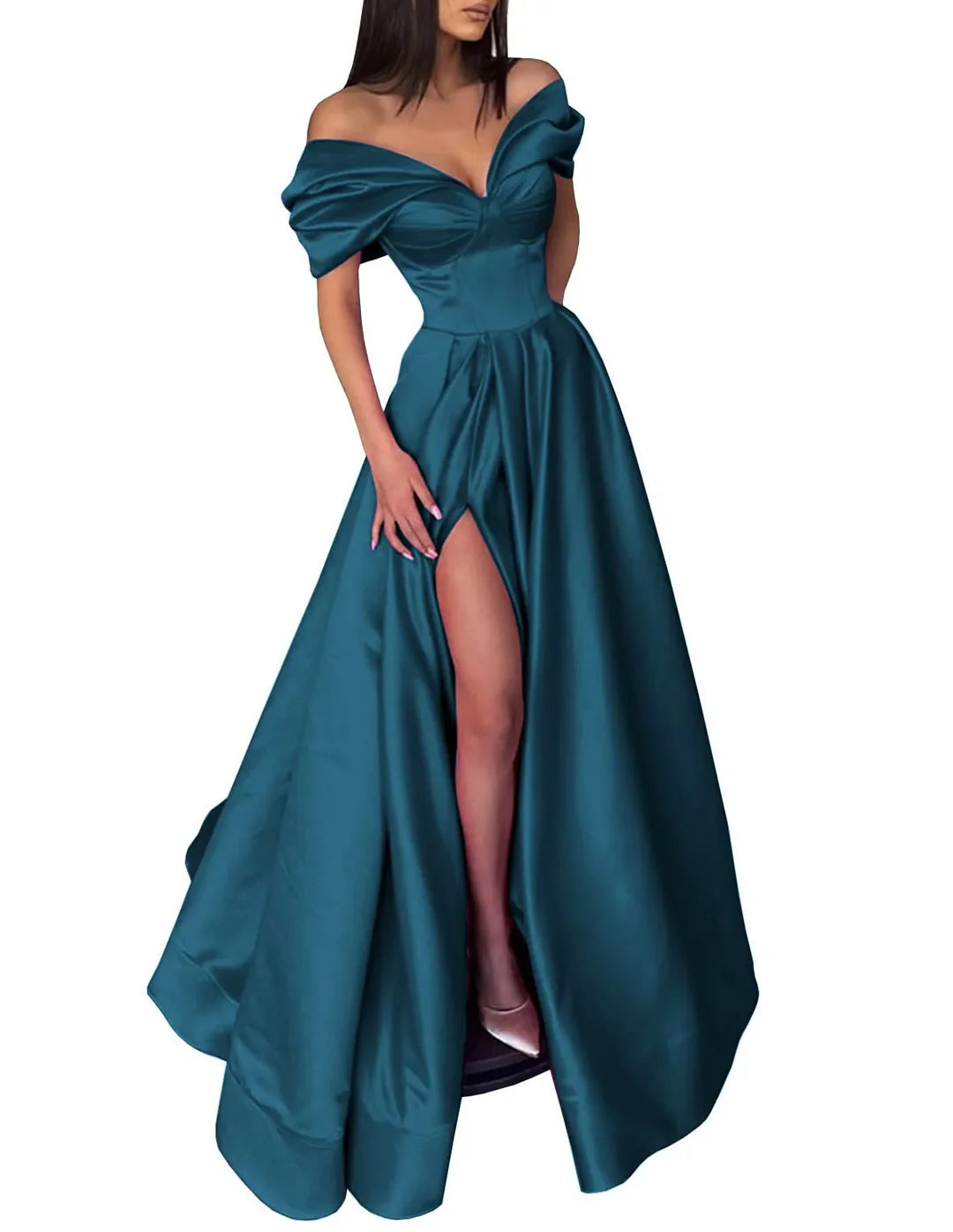 Elegant A-Line off-shoulder long prom dress for formal events.