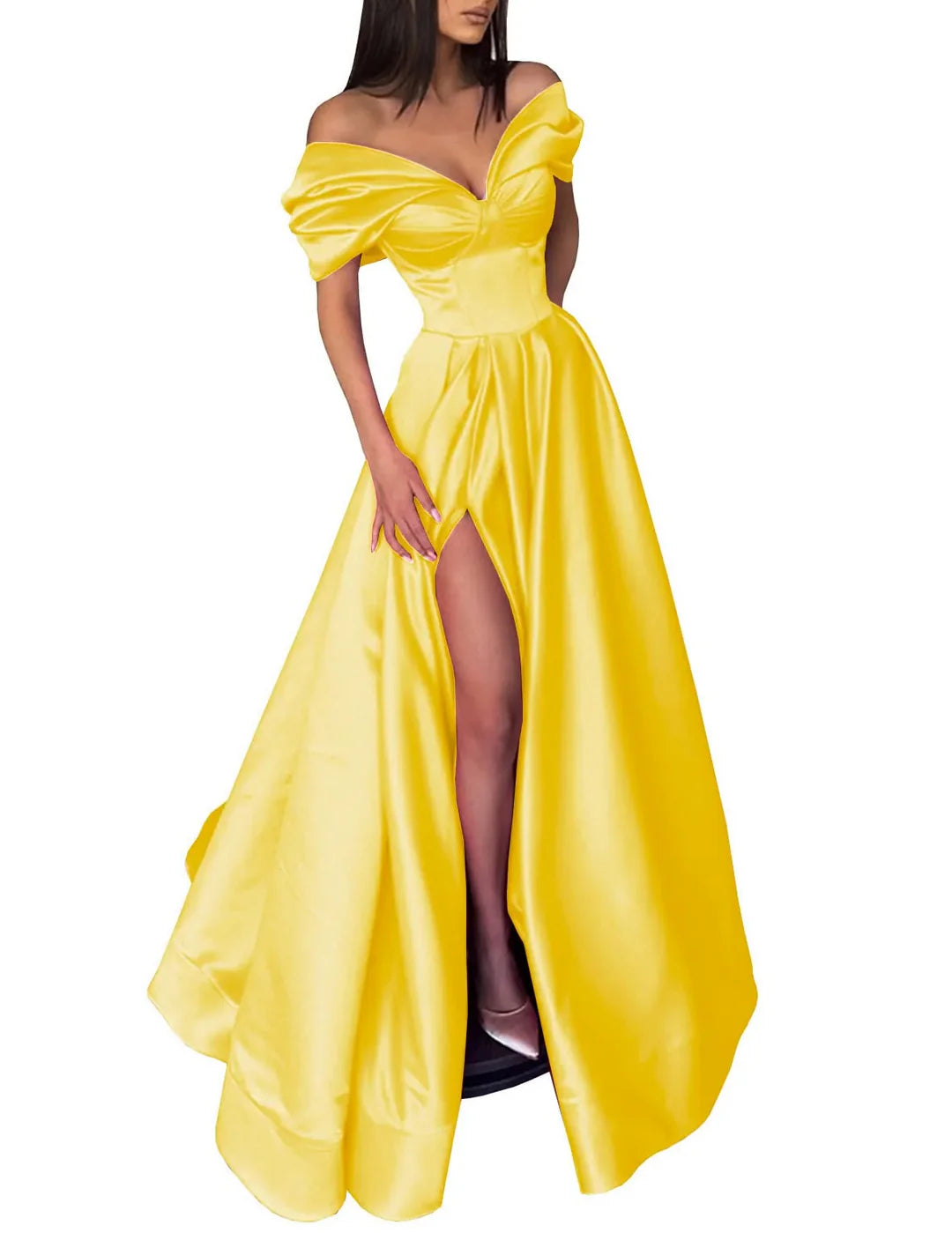 Elegant A-Line off-shoulder long prom dress for formal events.