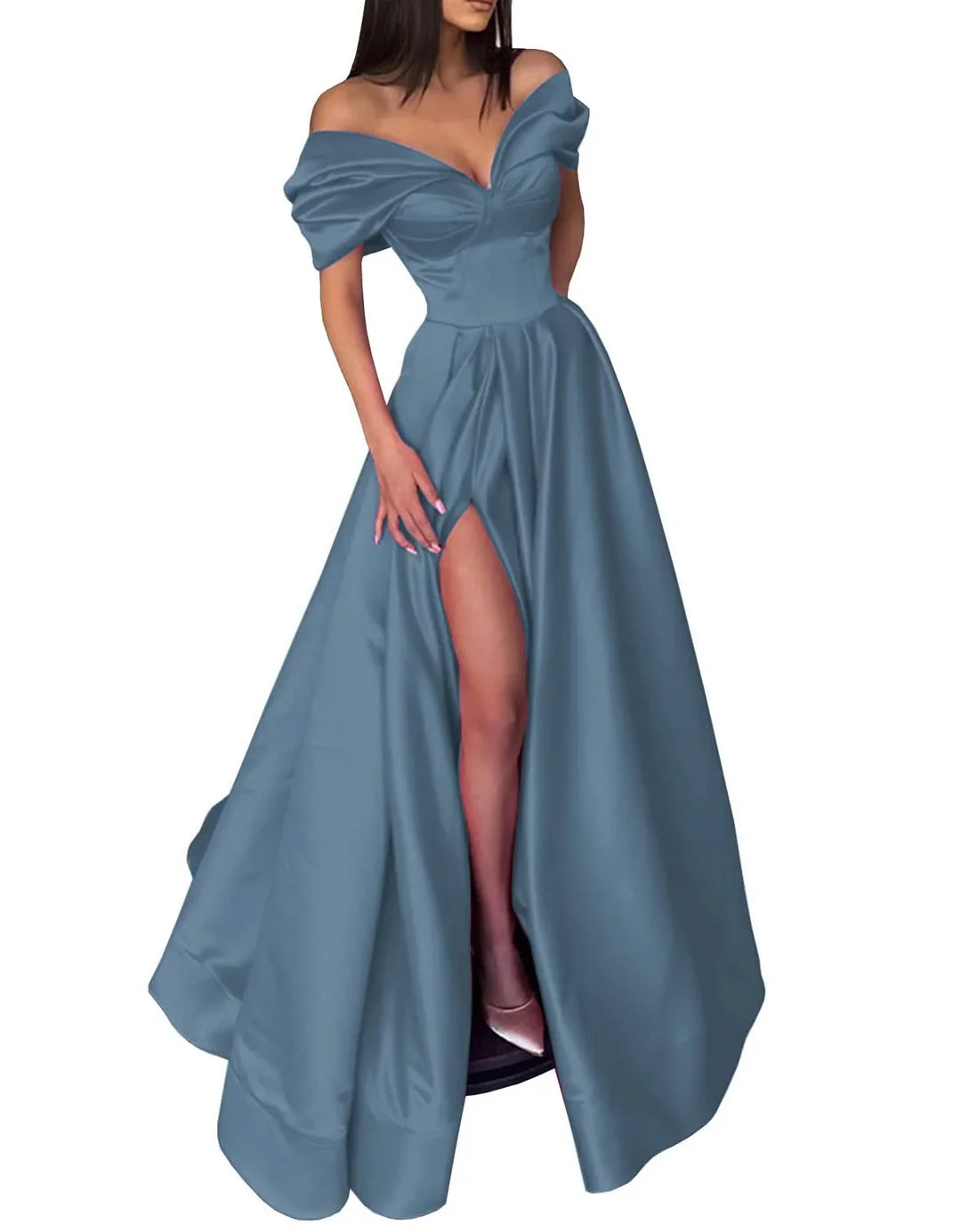 Elegant A-Line off-shoulder long prom dress for formal events.