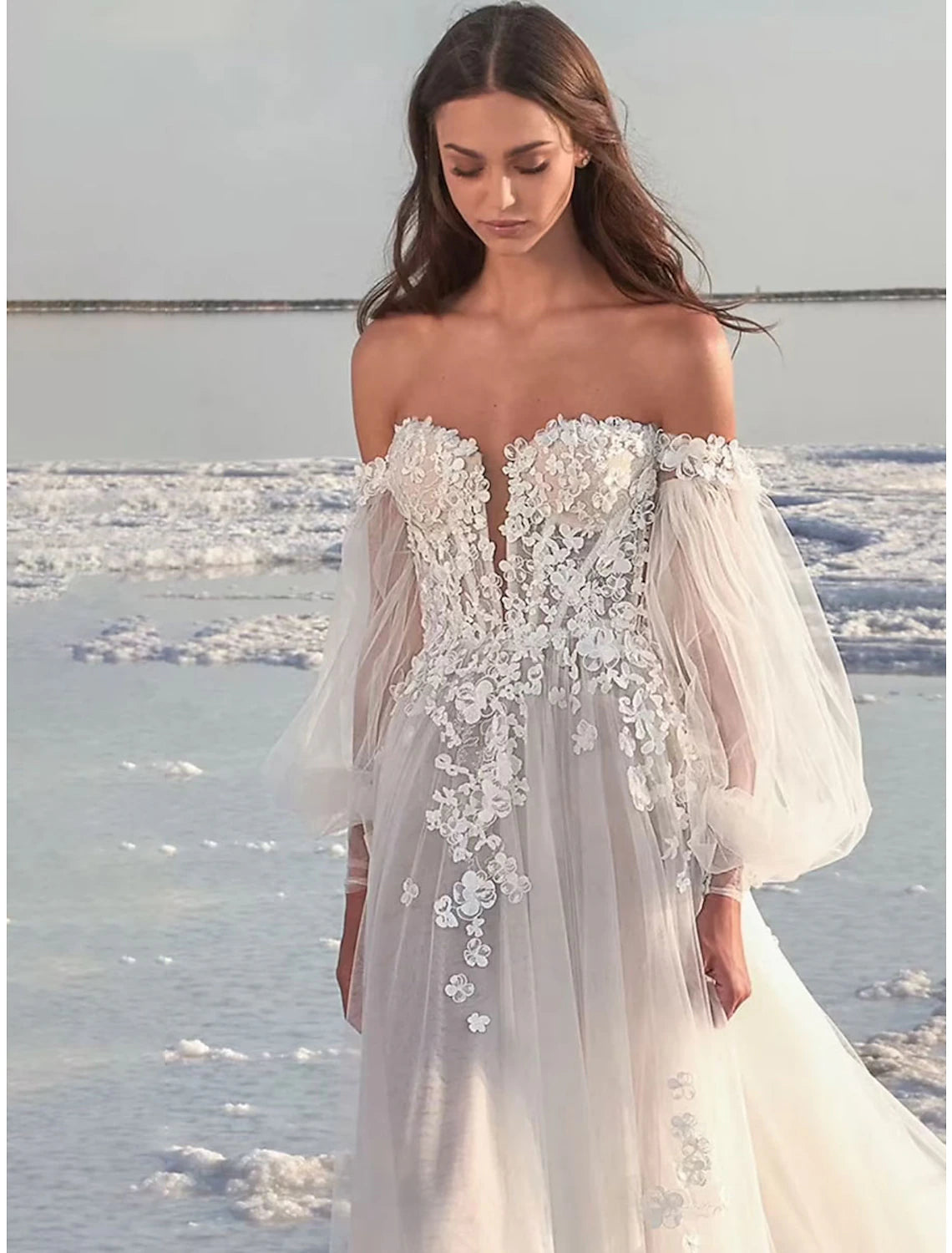 Elegant A-line off-shoulder long sleeve lace wedding dress with a court train.