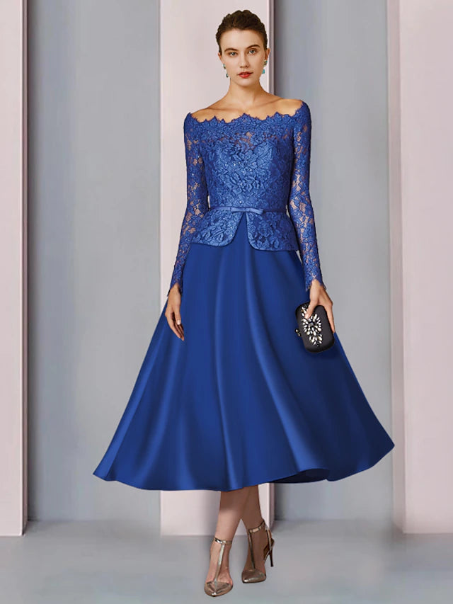 Elegant A-Line Mother of the Bride dress, off-shoulder long sleeves, satin lace fabric.