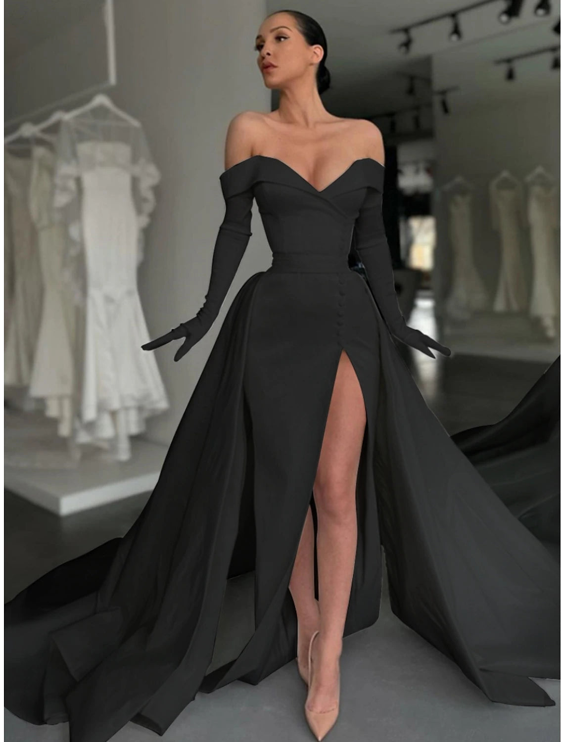 Elegant A-Line off-shoulder satin evening gown with long sleeves and court train.
