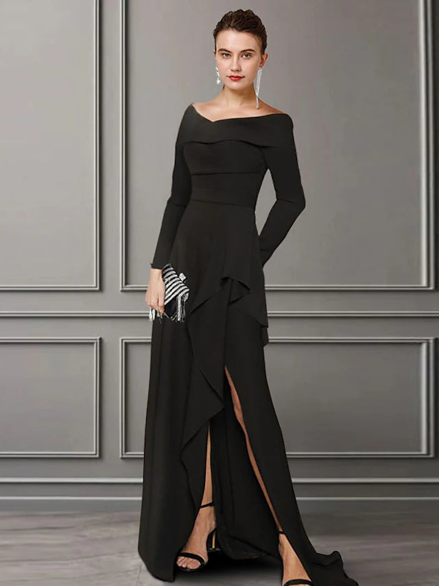 Elegant A-Line Mother of the Bride dress with off-shoulder neckline and long lace sleeves.