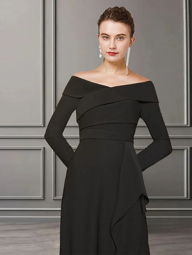Back view of the A-Line Mother of the Bride dress showing sweep train.