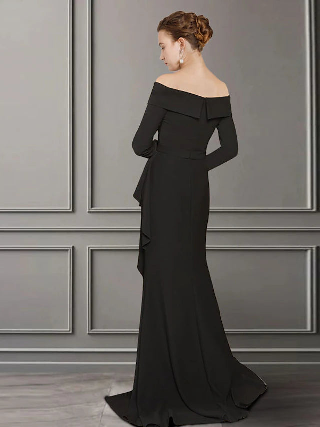 Side view of the A-Line Mother of the Bride dress with ruched split front.