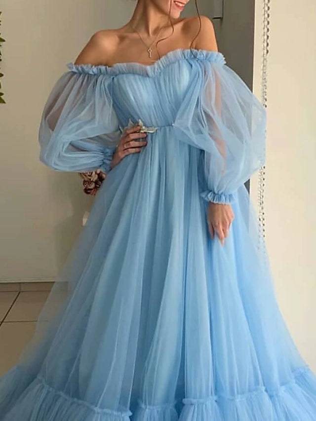 Back view of the A-line off-shoulder long sleeve tulle dress with pleats.