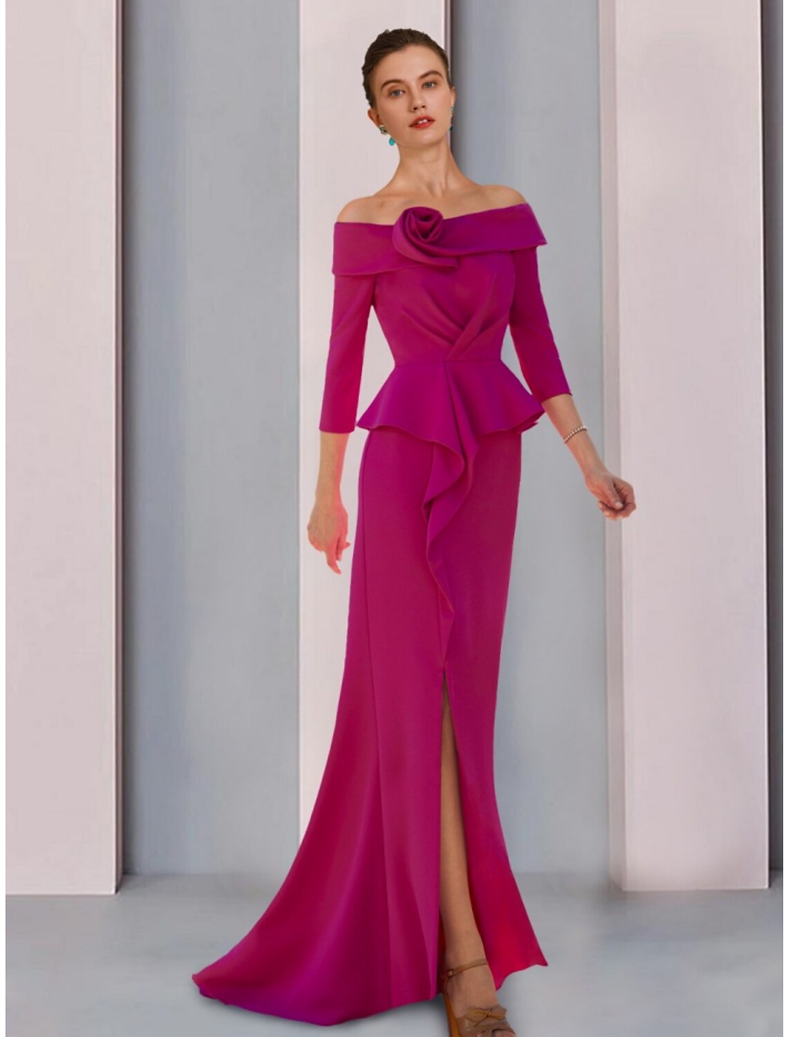 Elegant A-line off-shoulder dress with 3/4 sleeves and ruffles.