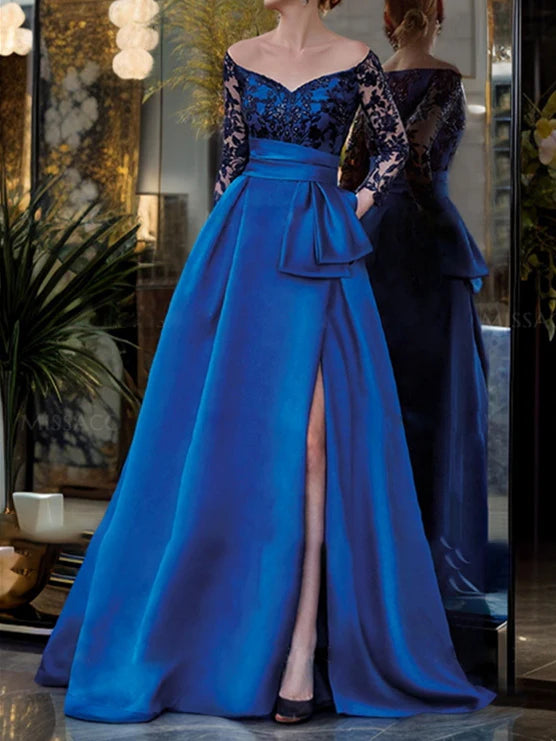 Elegant A-line off-shoulder Mother of the Bride dress with 3/4 sleeves.