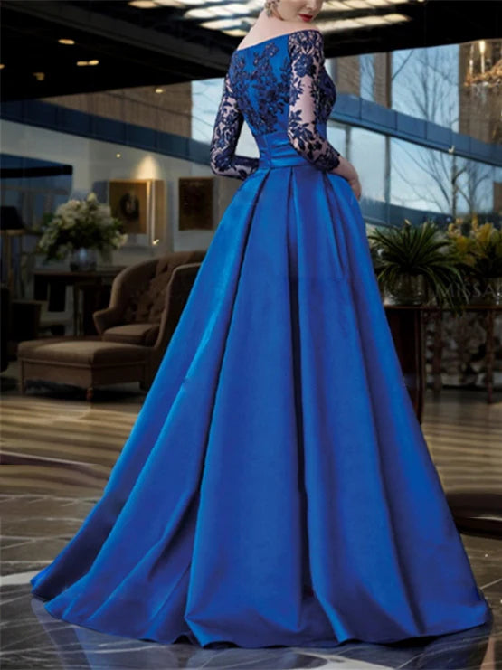 Floor-length formal gown featuring an off-shoulder neckline and 3/4 sleeves.