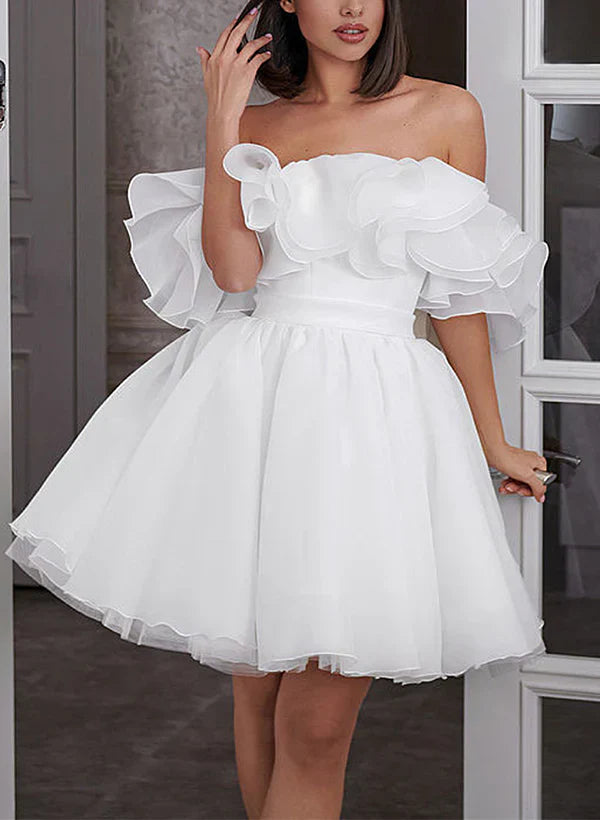 Elegant A-line off-shoulder short organza wedding dress.