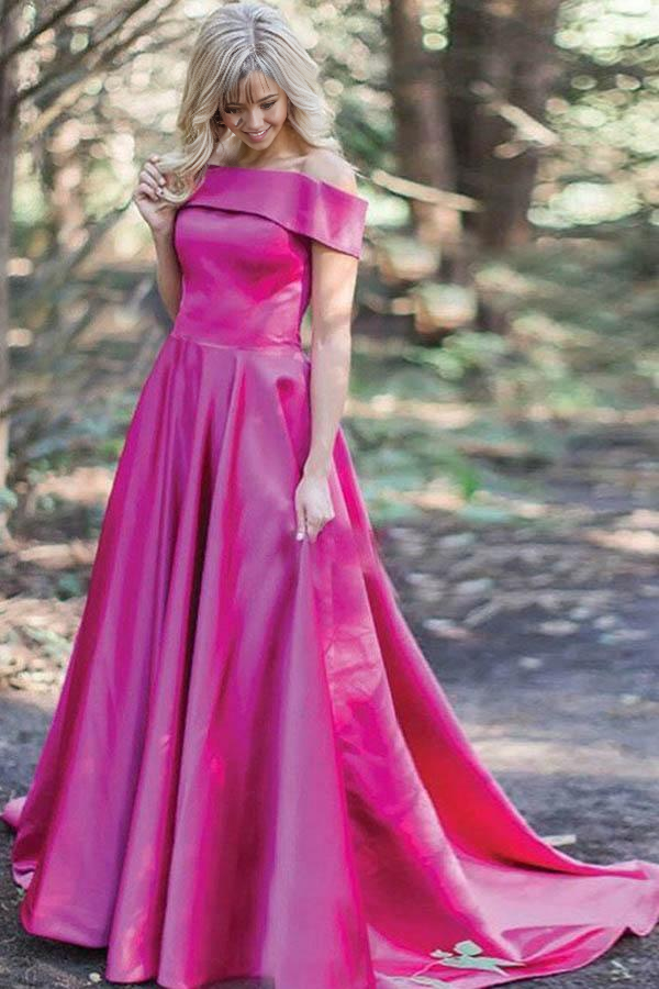 Elegant pink satin A-line prom dress with off-the-shoulder neckline and sweep train.