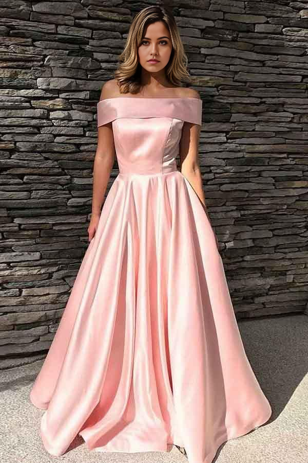 Back view of A-line pink satin prom gown.