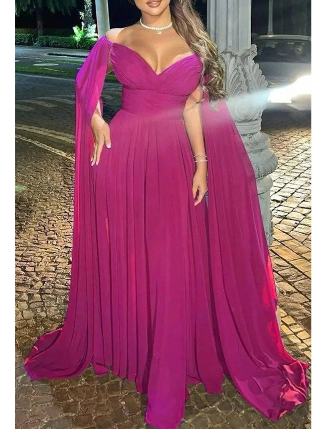 Full view of the A-line off-shoulder chiffon dress, highlighting its elegant silhouette.