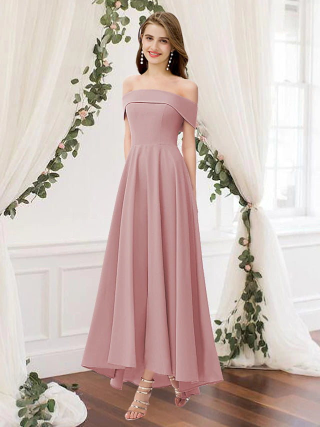 Elegant A-line bridesmaid dress with off-shoulder neckline and pleated chiffon fabric.
