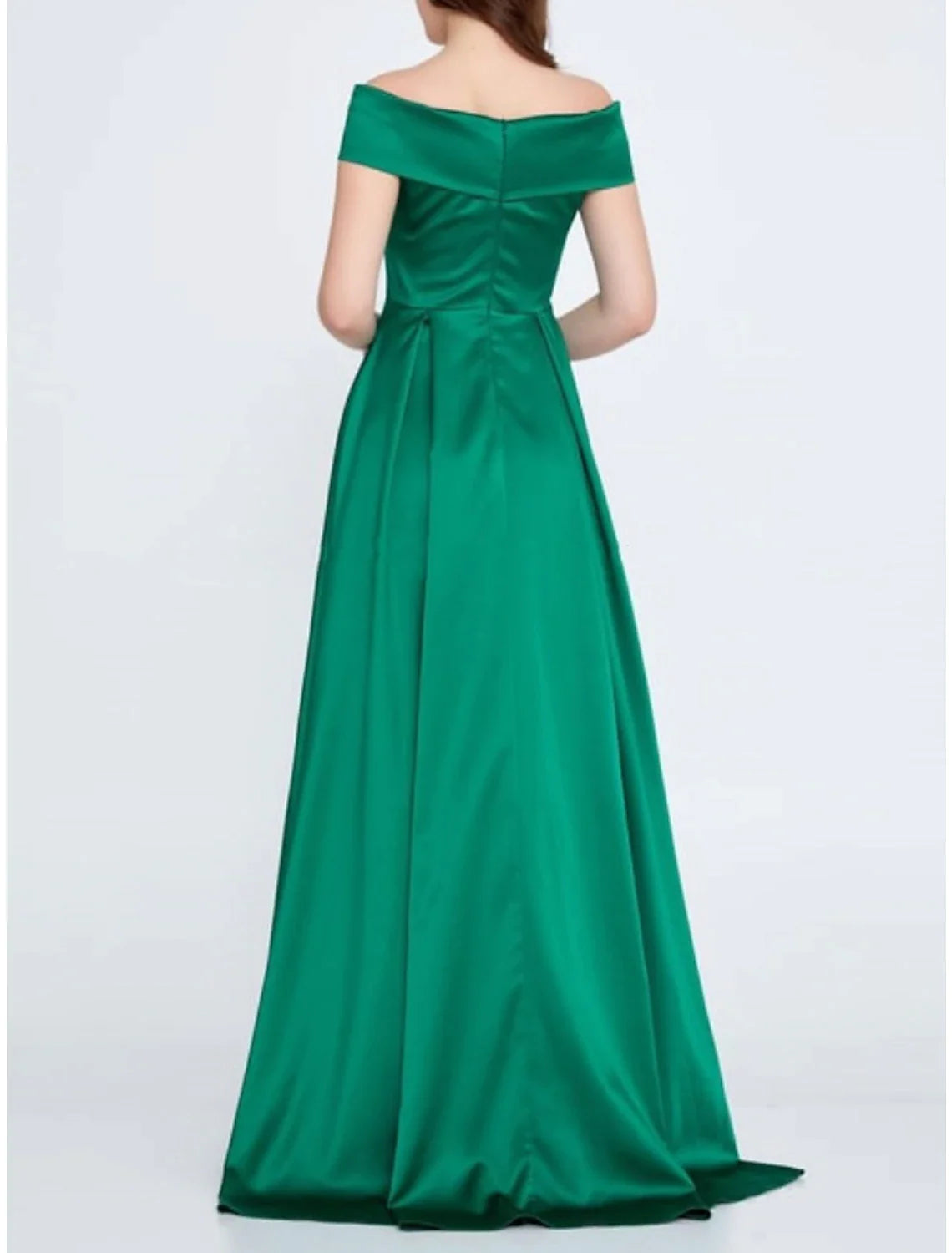 Back view of the red A-line evening gown showing the sweep train.