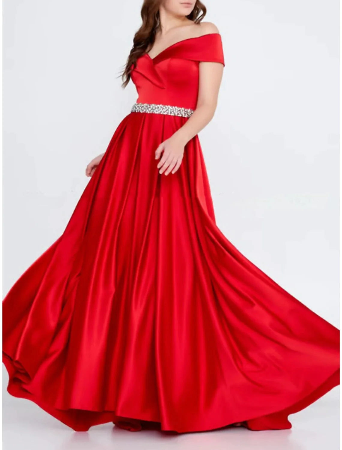 Full length view of the red satin A-line formal dress.
