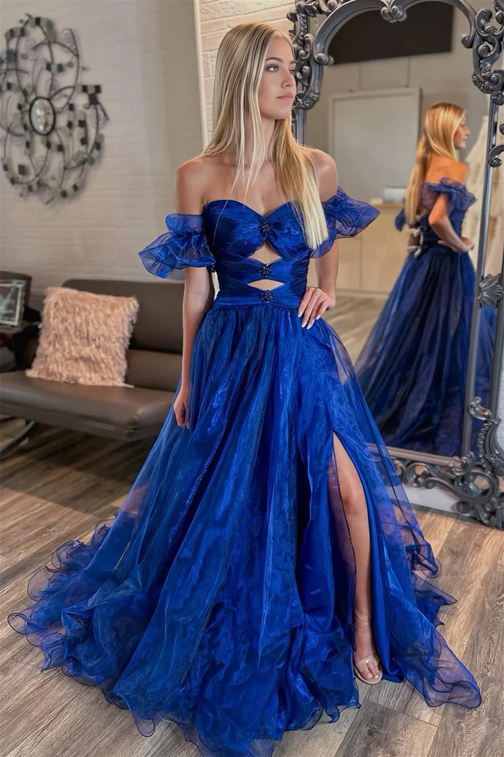 Royal blue A-line off-shoulder long prom dress with keyhole.