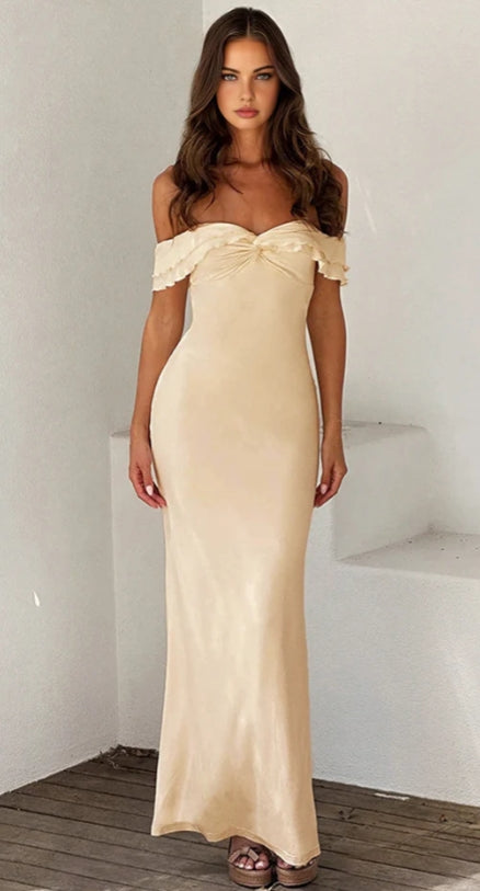 Elegant A-line off-shoulder satin prom dress with ruffle details.