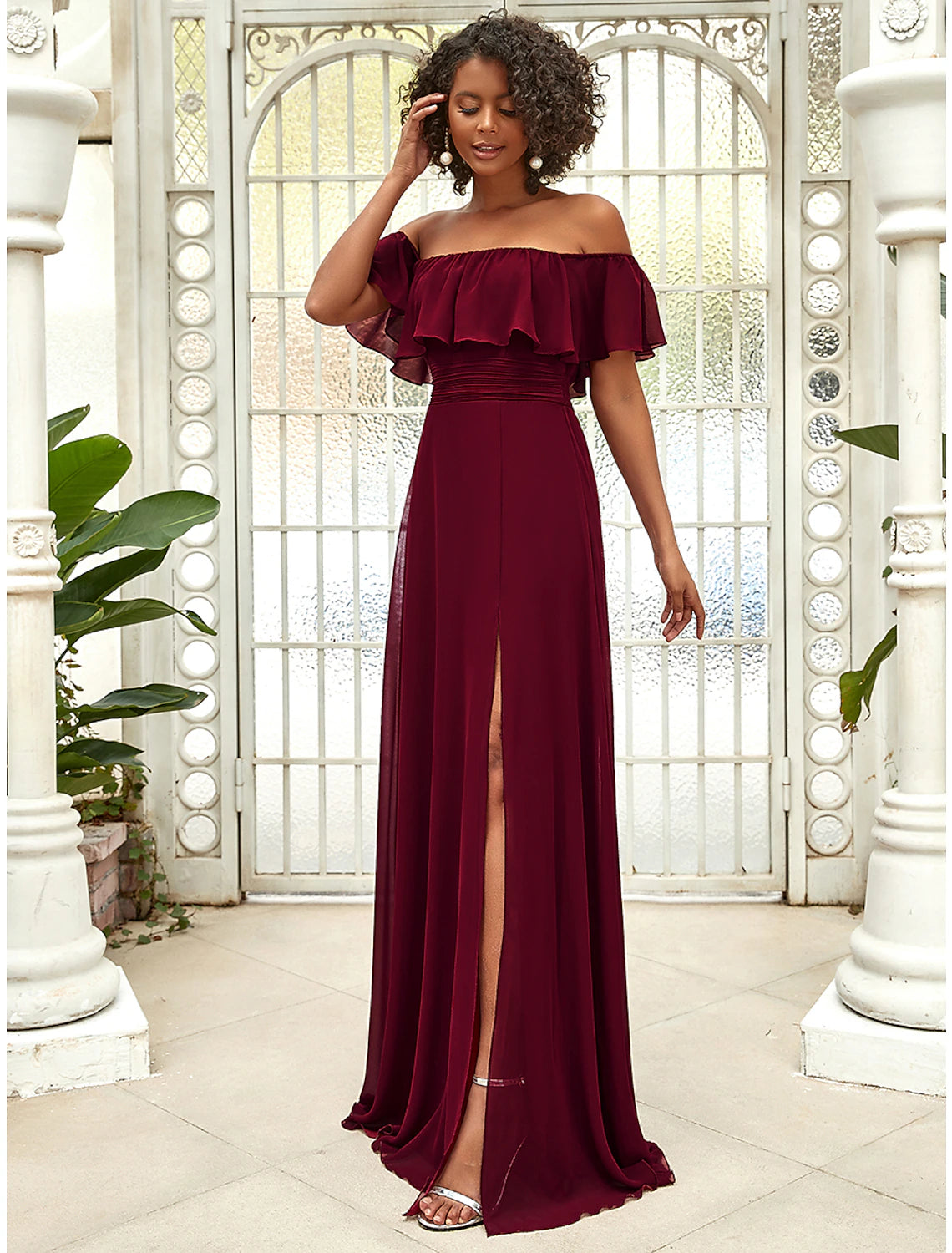 Back view of the A-line off-shoulder chiffon bridesmaid dress.