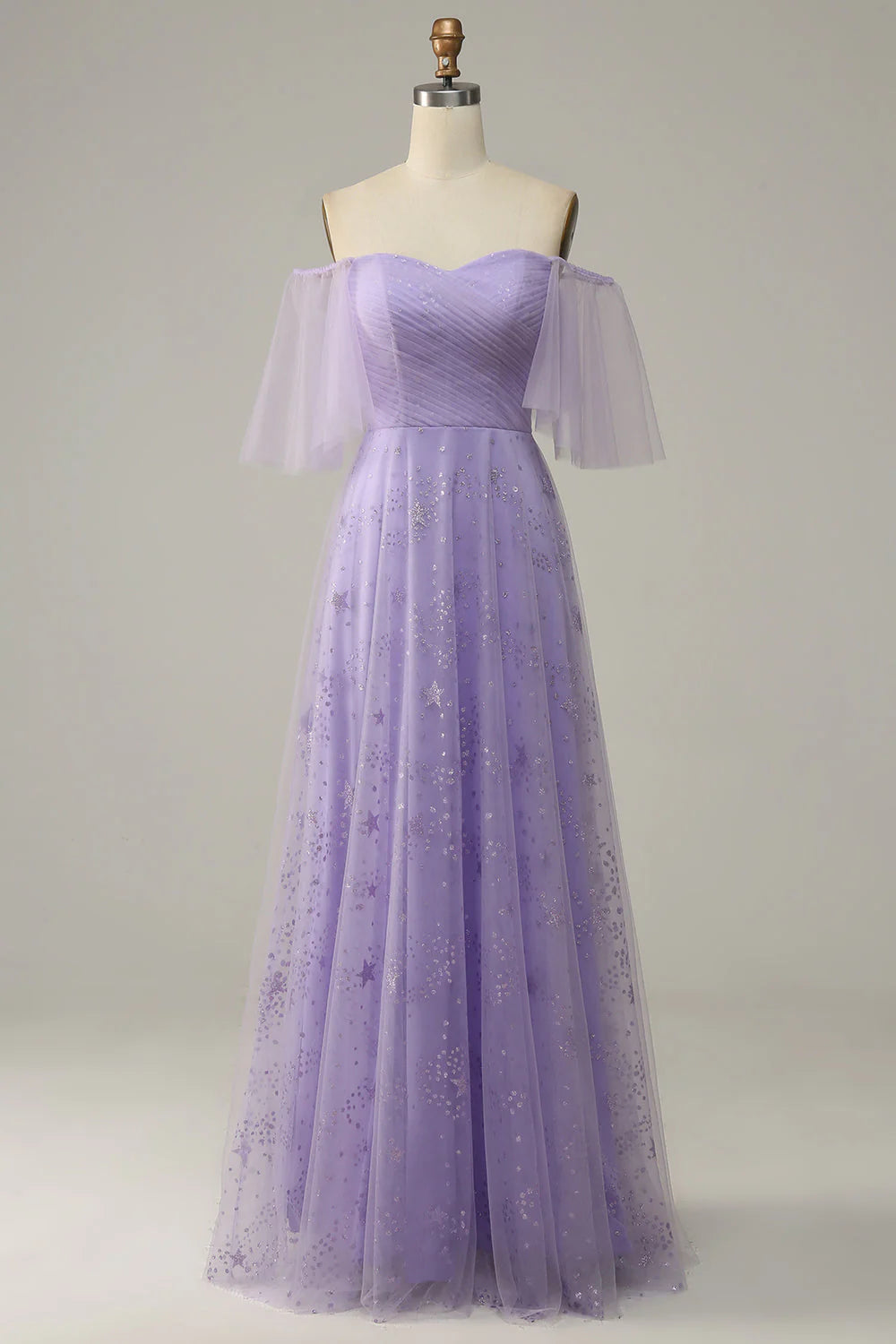Purple off-shoulder prom dress with ruffles, front view.