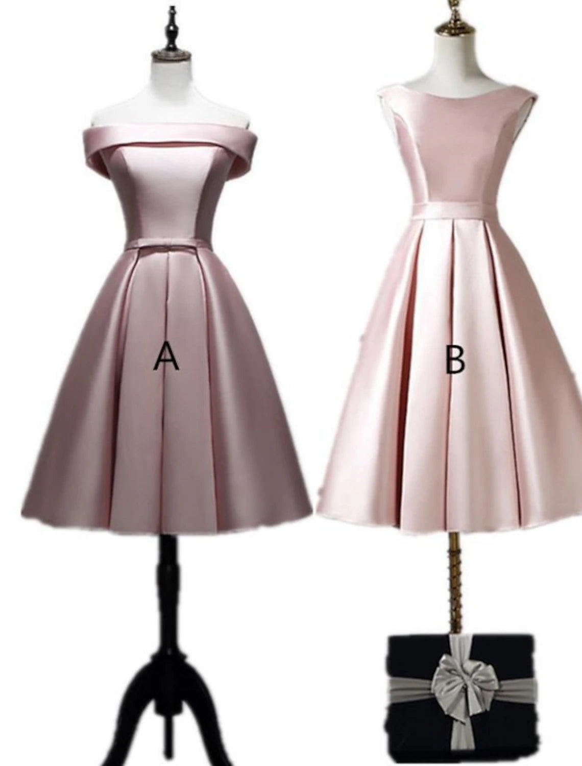 Elegant A-Line off-shoulder satin bridesmaid dress with bows.