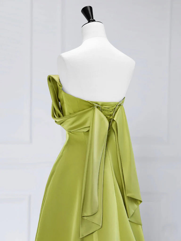 Back view of the A-Line off-shoulder satin long prom dress.