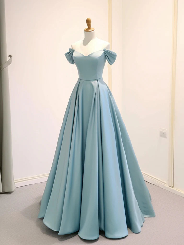 Elegant A-line off-shoulder satin long prom dress in navy blue.