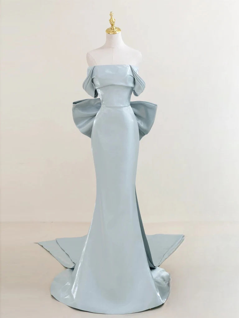 Elegant off-shoulder satin A-line long prom dress on a model.