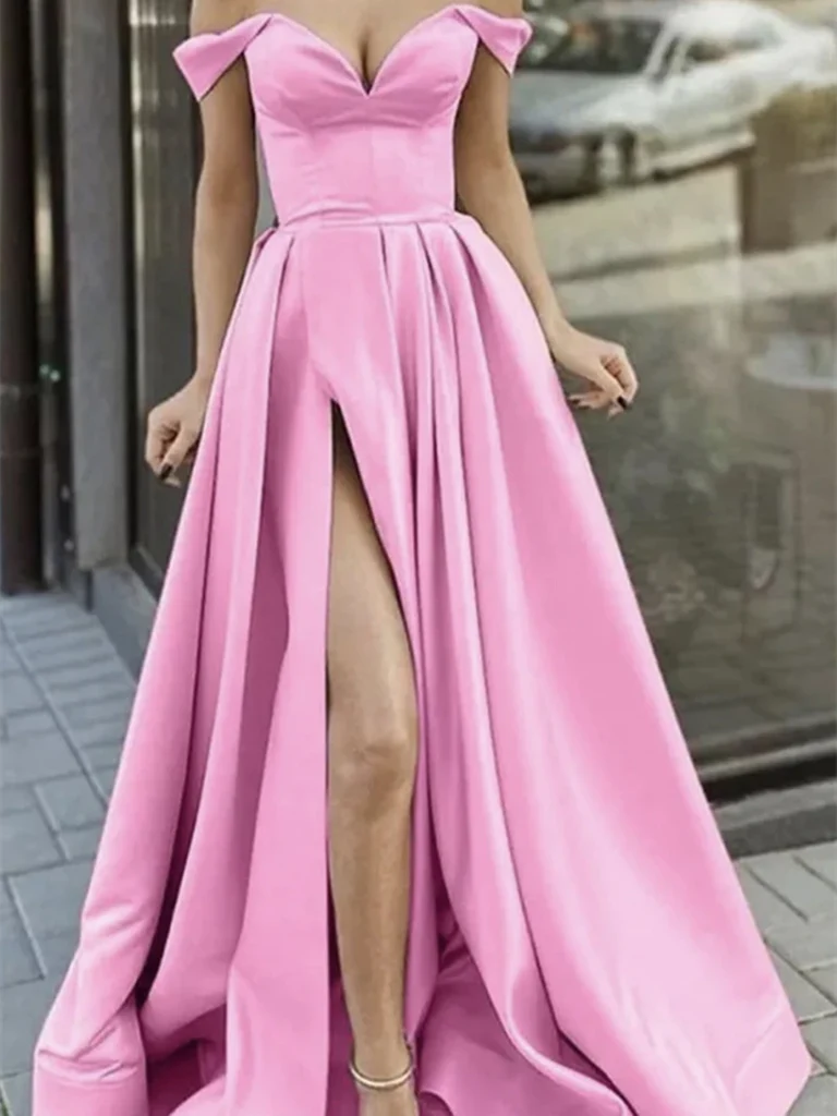 Woman wearing an elegant off-shoulder satin long prom dress with a high slit.