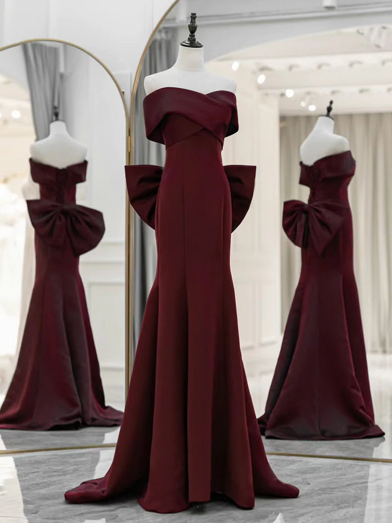Elegant off-shoulder satin long prom dress.