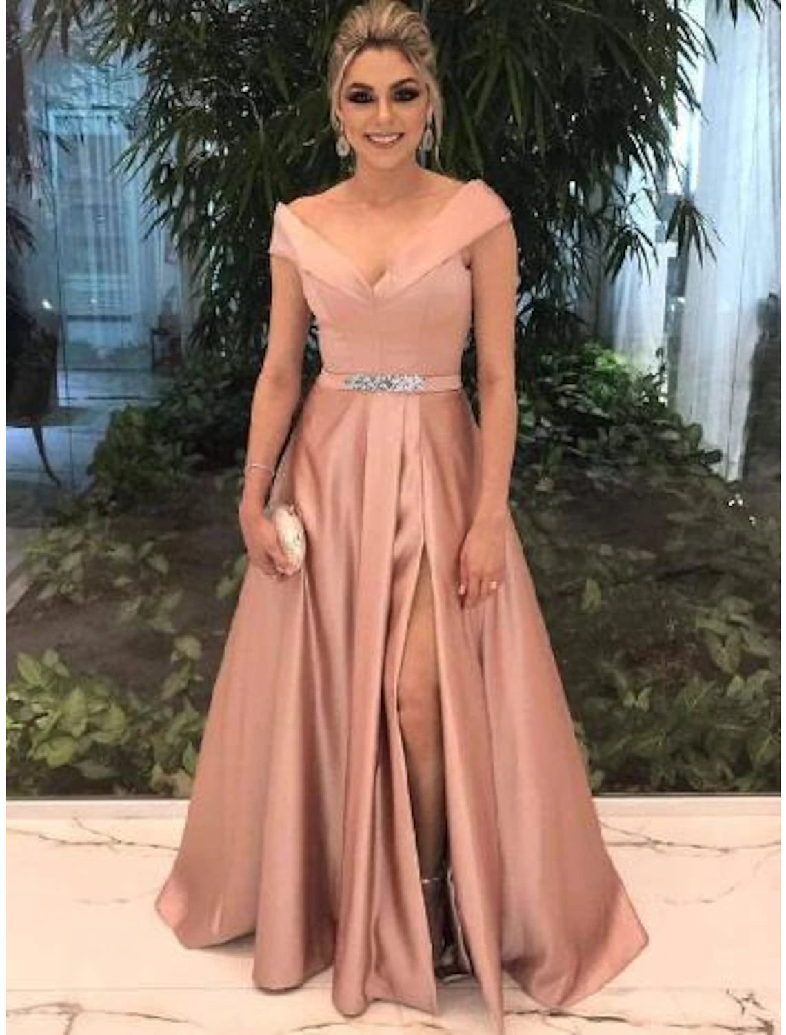 Elegant A-line off-shoulder satin prom dress with a split front and sweep train.