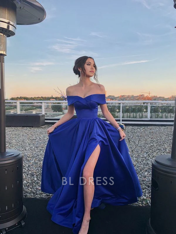 Model wearing a royal blue A-line off-shoulder satin formal dress.