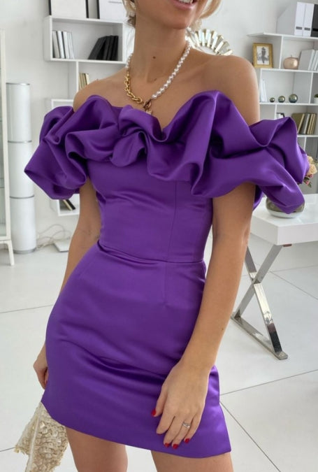 Off-shoulder satin homecoming dress with ruffles.