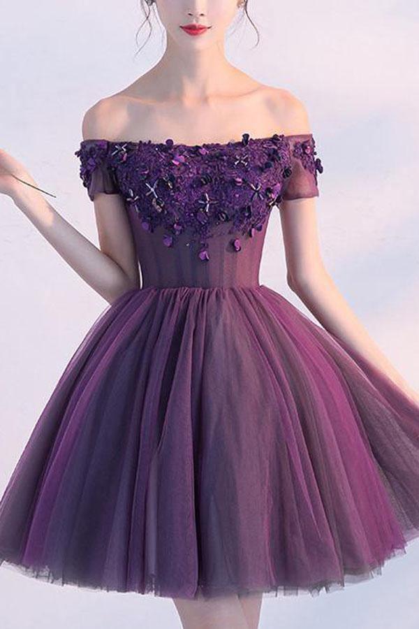 Purple A-Line off-shoulder short homecoming dress.