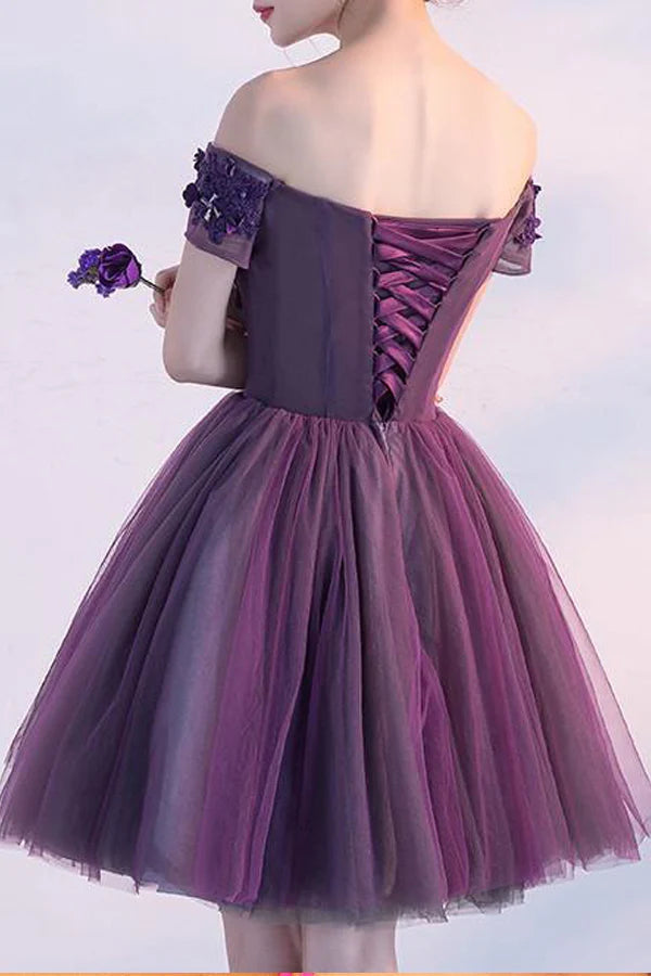 Purple A-Line off-shoulder short homecoming dress.
