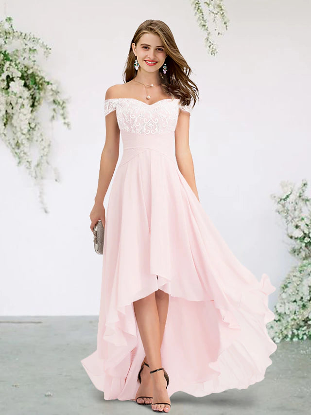 Elegant A-line bridesmaid dress with off-shoulder neckline, short sleeves, and lace appliques.