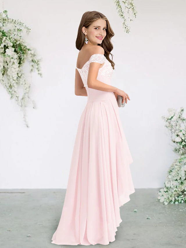 Back view of an A-line bridesmaid dress featuring a sweep train and delicate chiffon fabric.