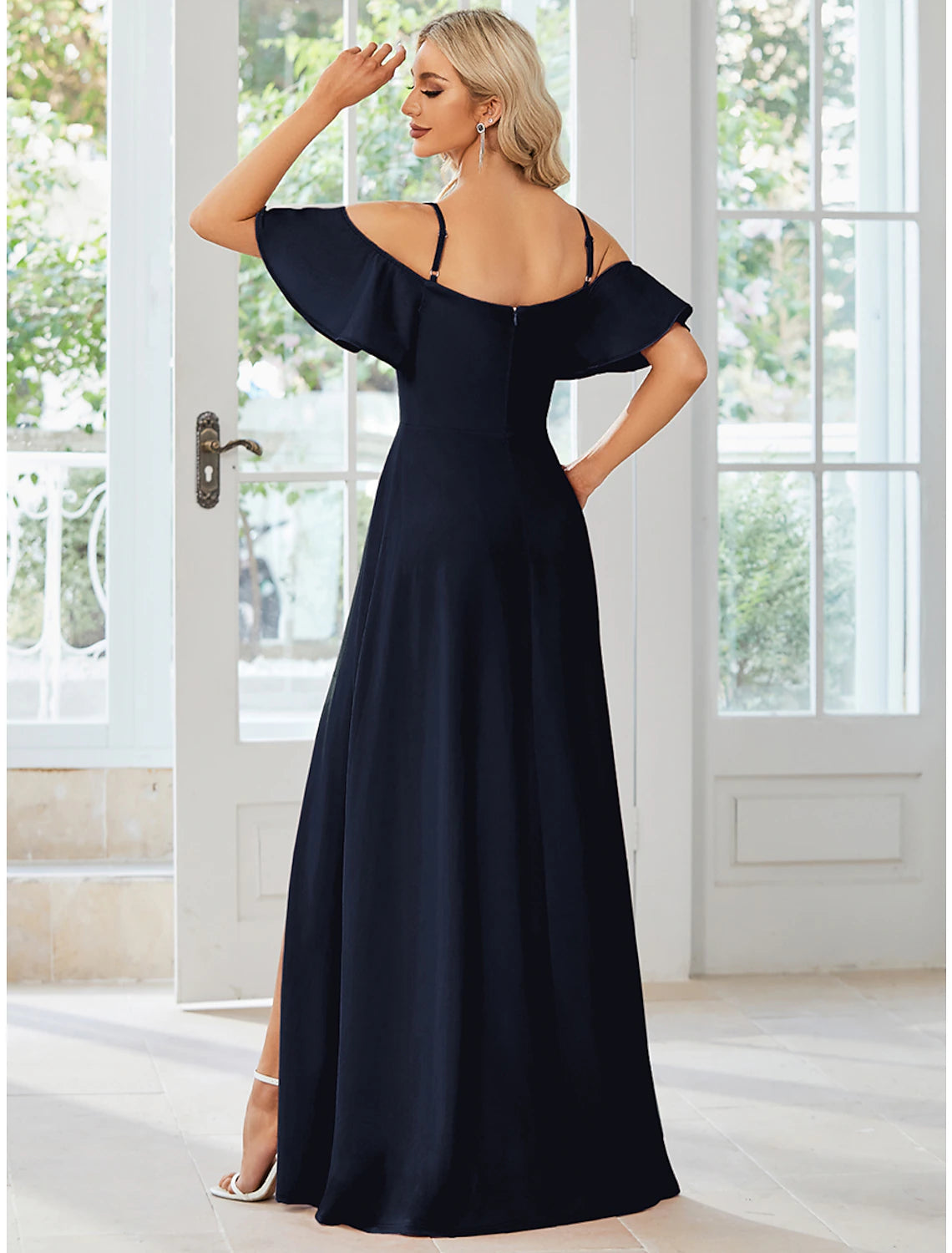 Side view of the A-line off-shoulder formal dress.
