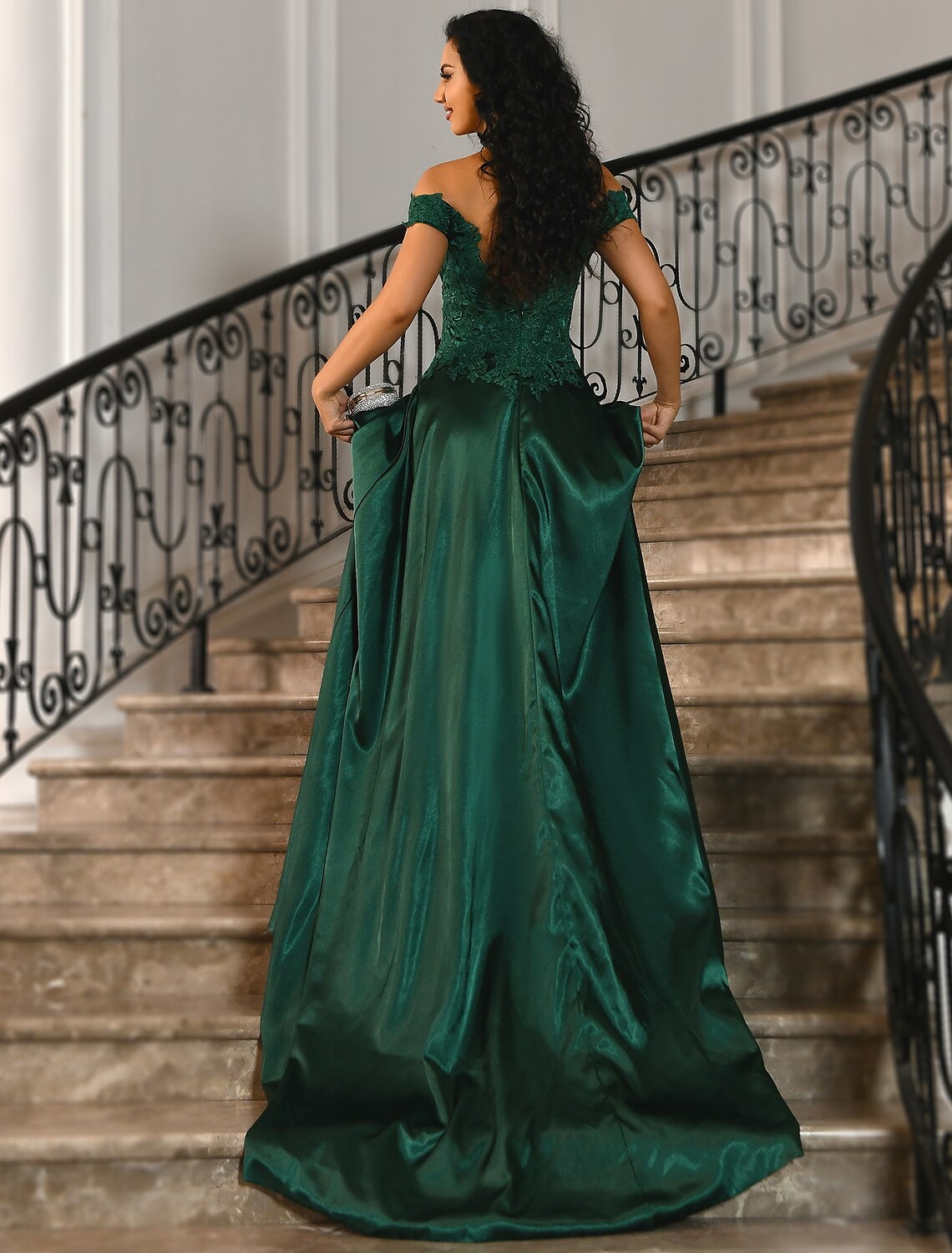 Back view of the A-line off-shoulder formal dress showing the sweep train and lace details.