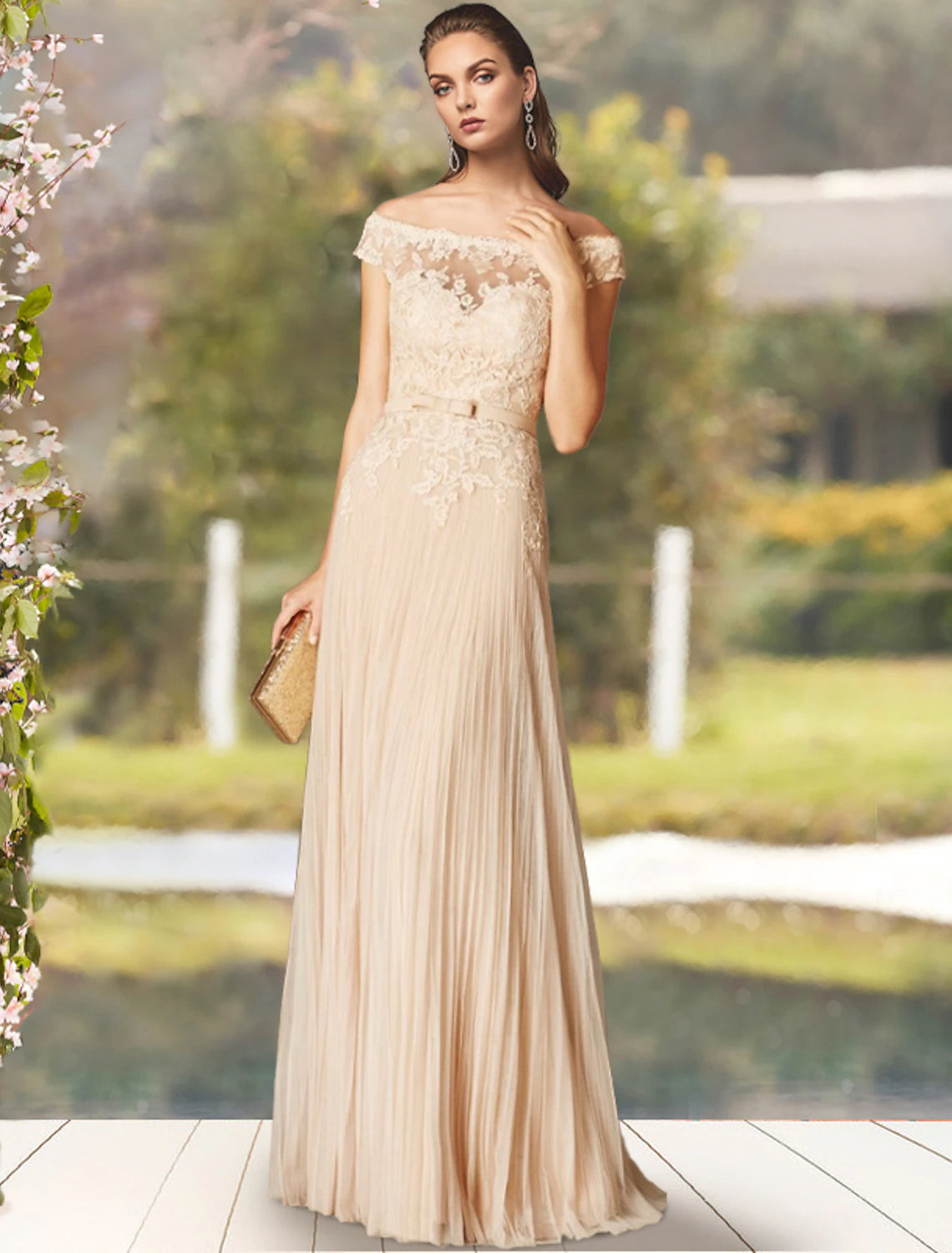 Elegant A-line off-shoulder Mother of the Bride dress with lace and tulle, front view.