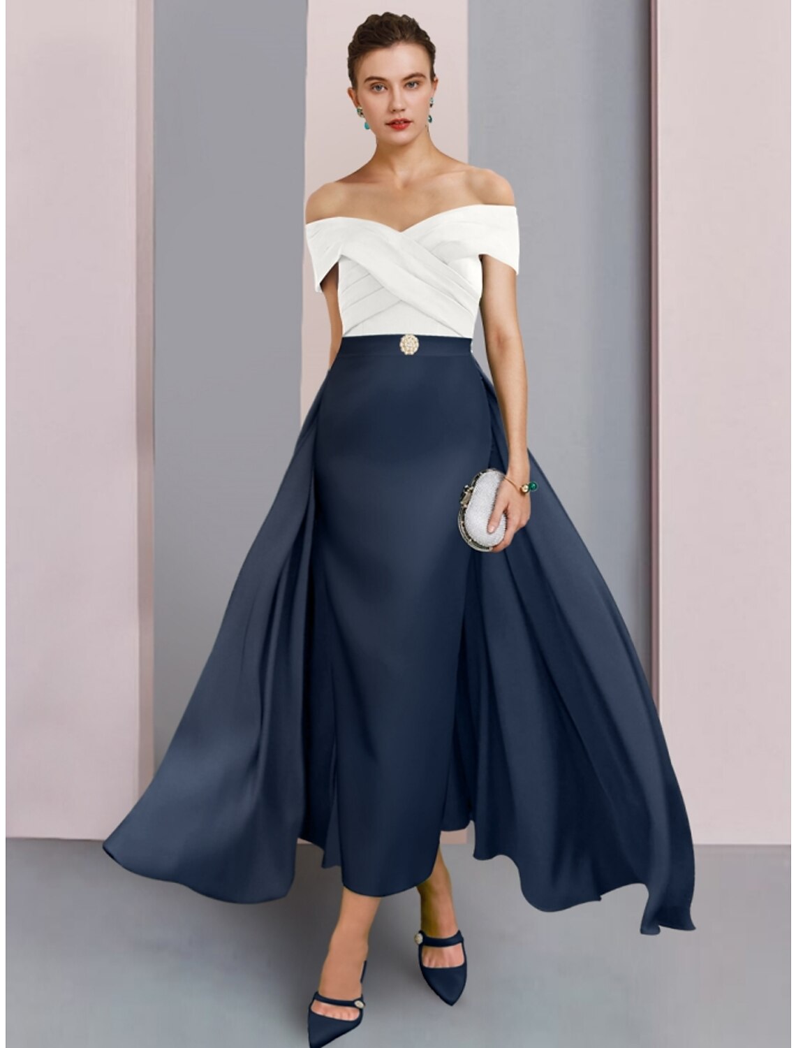 Elegant A-Line off-shoulder ankle-length Mother of the Bride dress with ruching and crystal brooch.