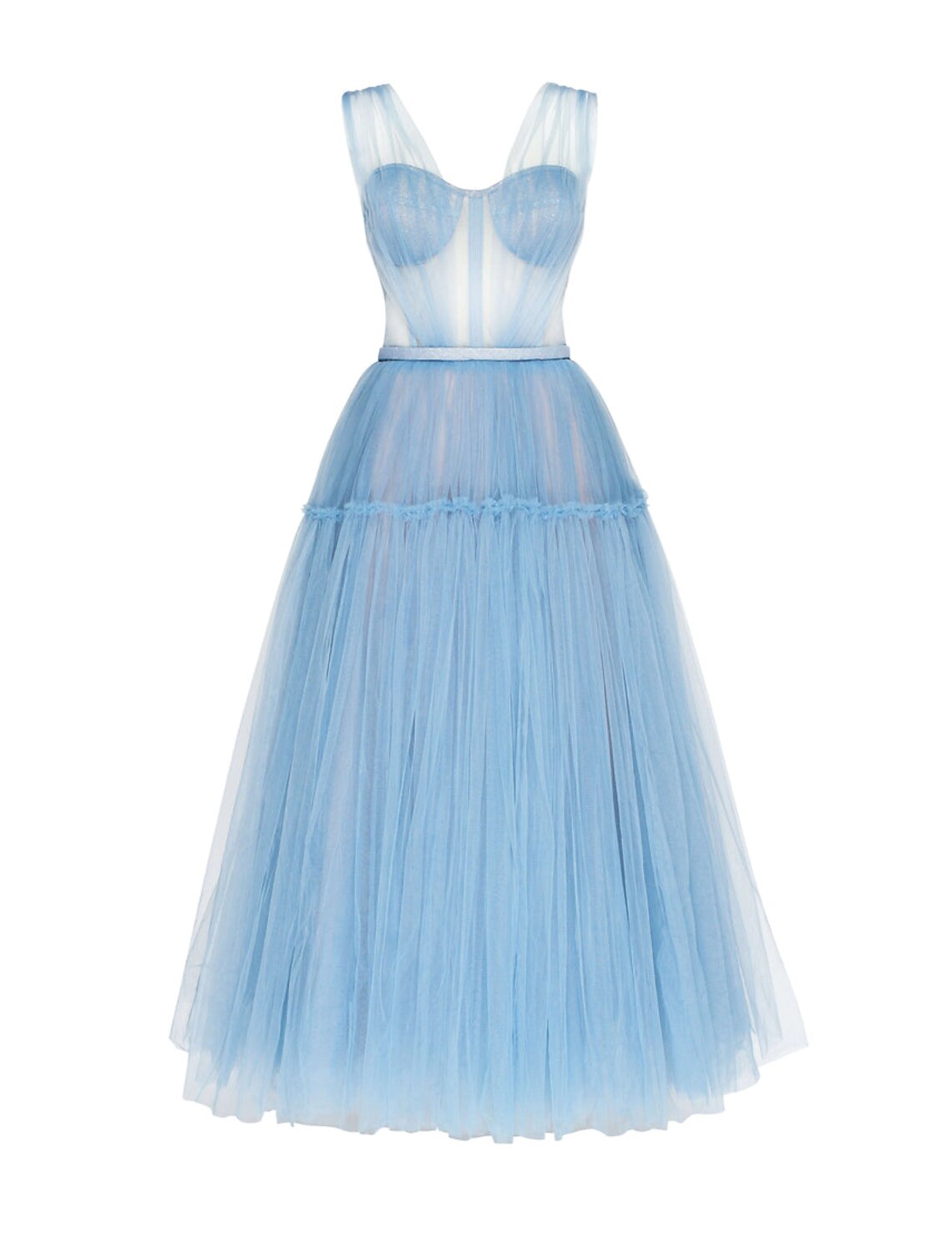 Model wearing an elegant light blue A-line off-shoulder tulle dress with pleats.