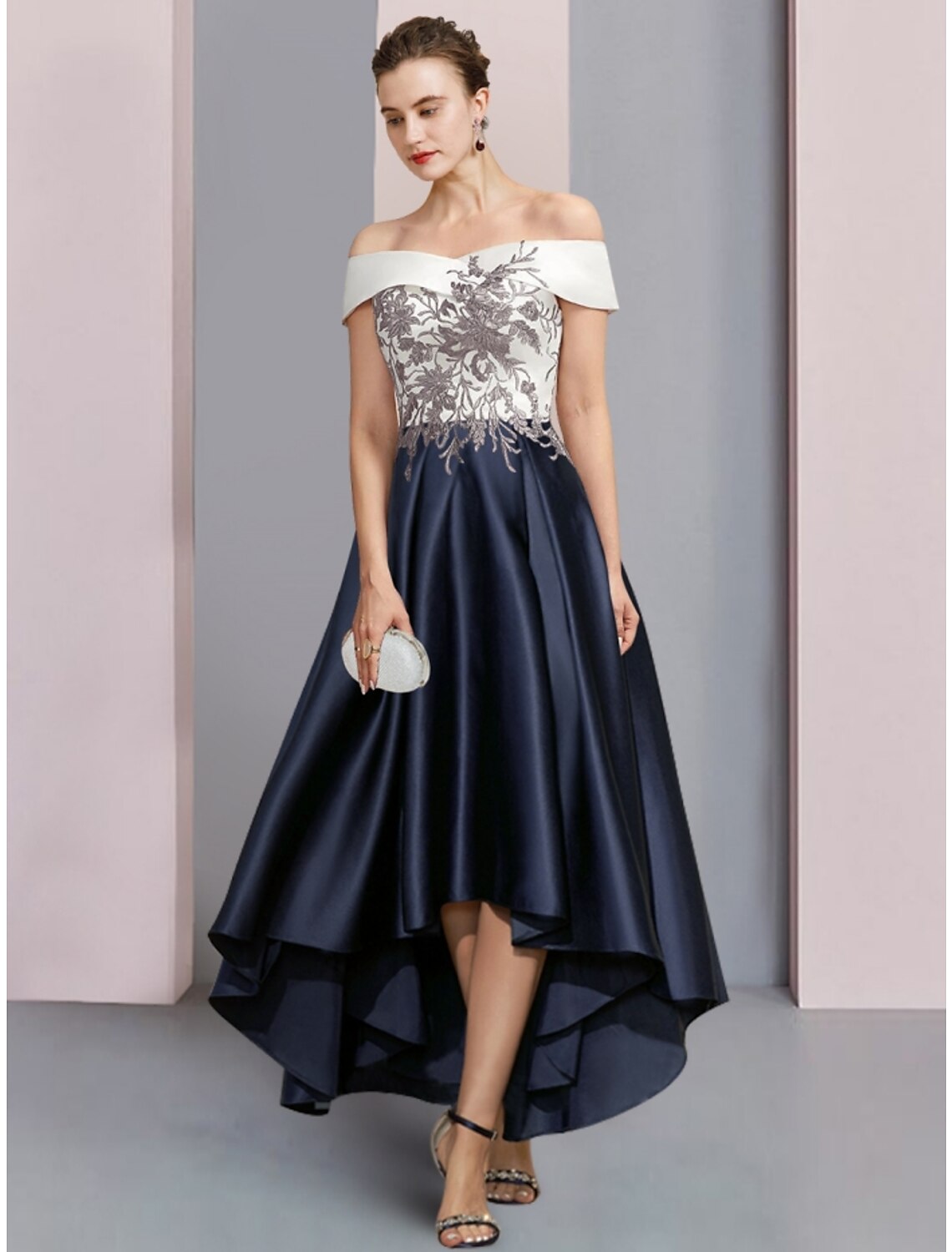 Elegant A-line off-shoulder mother of the bride dress with short sleeves and ruching.