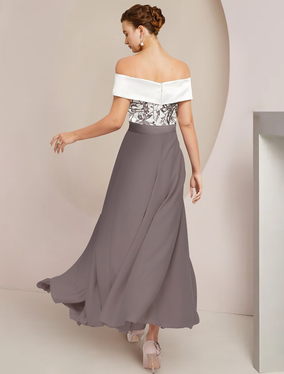 Front view of an A-Line off-shoulder short sleeve ruched dress.