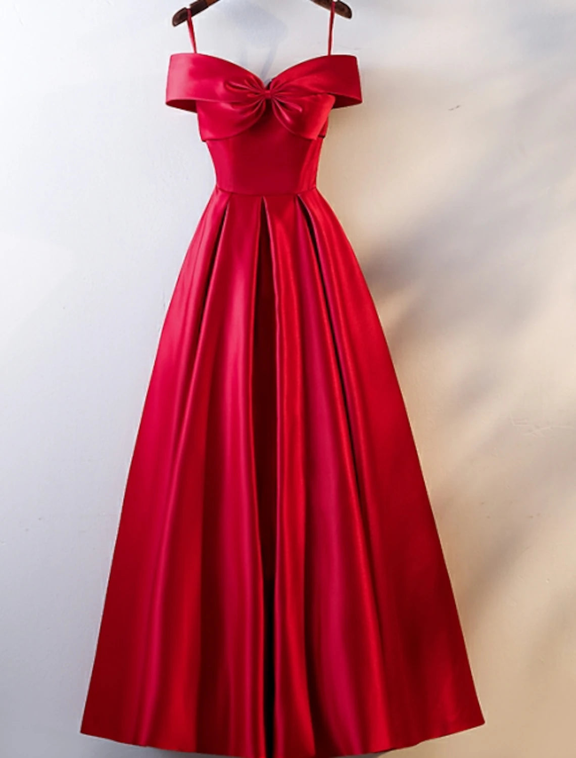 Full view of the A-line off-shoulder short sleeve ruched satin floor-length prom dress.