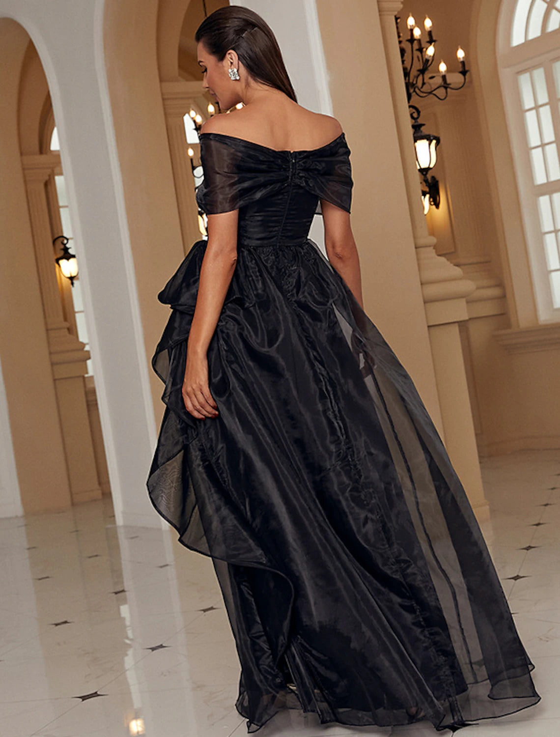 Back view of the floor-length A-line evening gown.