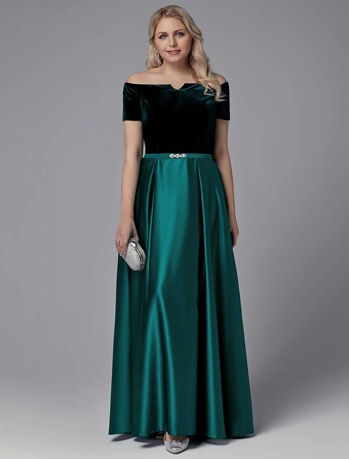 Elegant A-Line off-shoulder satin gown with crystals.