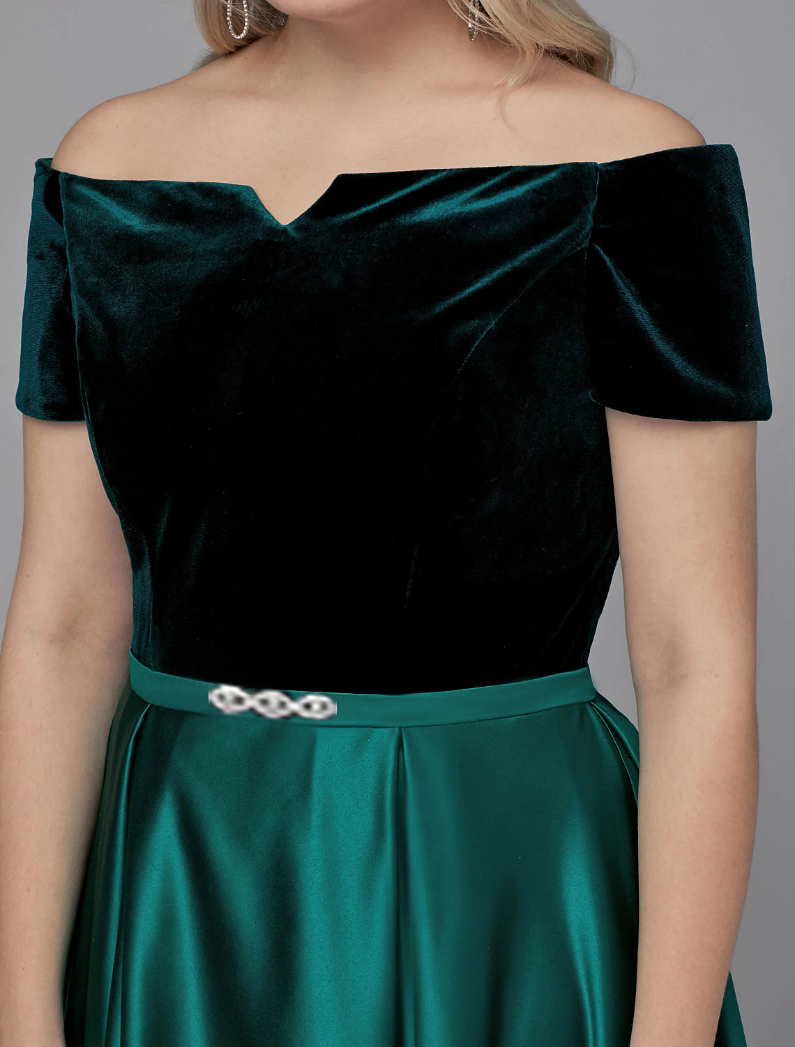 Back view of the off-shoulder formal gown.