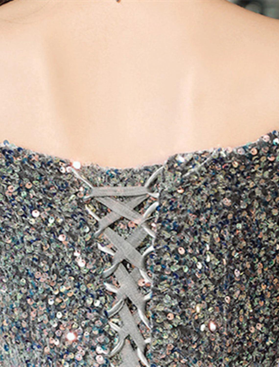 Full length view of the elegant off-shoulder sequin prom dress.